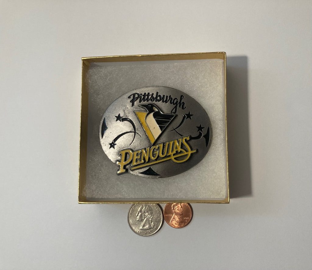 Vintage Metal Belt Buckle, Pittsburgh Penguins, NHL, Hockey, Ice Skating, Nice Design, 3" x 2 1/4", Heavy Duty, Quality, Thick Metal