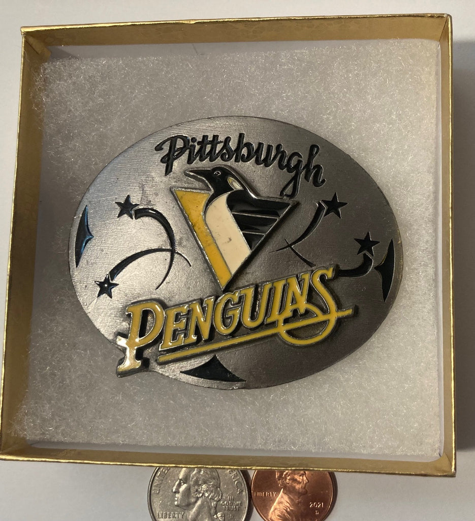 Vintage Metal Belt Buckle, Pittsburgh Penguins, NHL, Hockey, Ice Skating, Nice Design, 3" x 2 1/4", Heavy Duty, Quality, Thick Metal