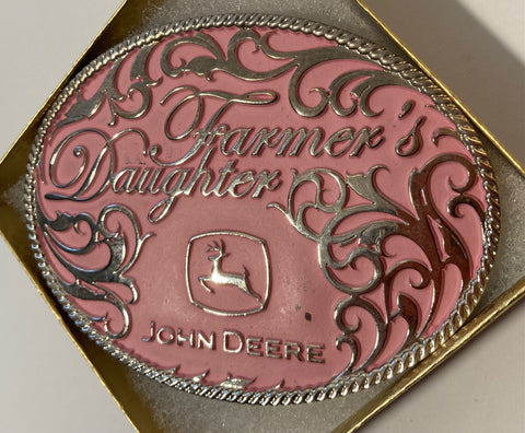 Vintage Metal Belt Buckle, Pink, Farmers Daughter, John Deere, Tractor, Nice Western Design, 4" x 3", Heavy Duty, Quality, Thick Metal