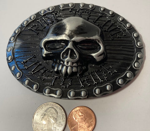 Vintage Metal Belt Buckle, Black Enamel, Skull, Ride to Live, Live to Ride, Biker, Motorcycle, Nice Western Design, 4" x 3", Heavy Duty