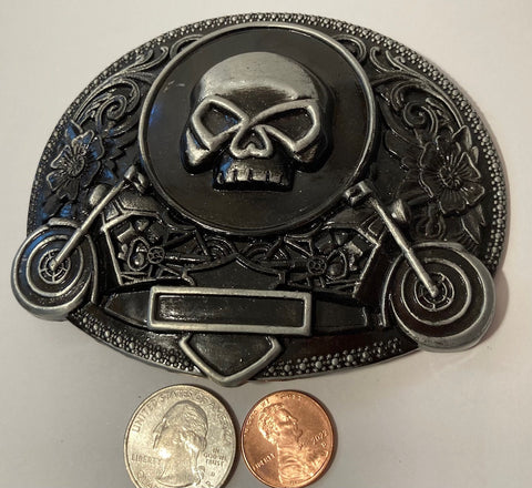 Vintage Metal Belt Buckle, Black Enamel, Skull, Biker, Motorcycle, Nice Western Design, 4" x 3 1/4", Heavy Duty, Quality, Thick Metal