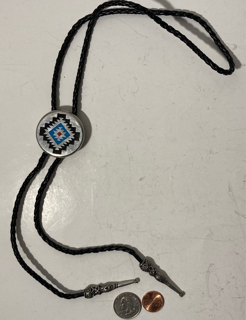 Vintage Metal Bolo Tie, Nice Native Design, Crushed Blue and Red Turquoise Stones, Nice Western Design, 1 1/2" x 1 1/2", Quality, Heavy Duty
