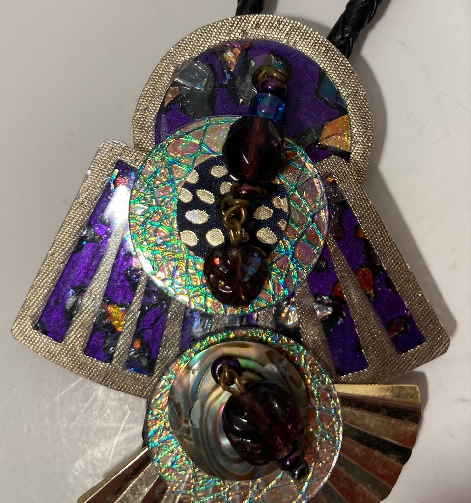 Vintage Metal Bolo Tie, Nice Purple and Green Sparkly Design, Nice Western Design, 3" x 2 1/4", Quality, Heavy Duty, Country & Western,