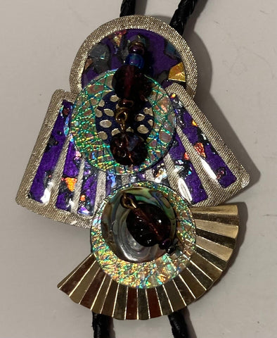 Vintage Metal Bolo Tie, Nice Purple and Green Sparkly Design, Nice Western Design, 3" x 2 1/4", Quality, Heavy Duty, Country & Western,