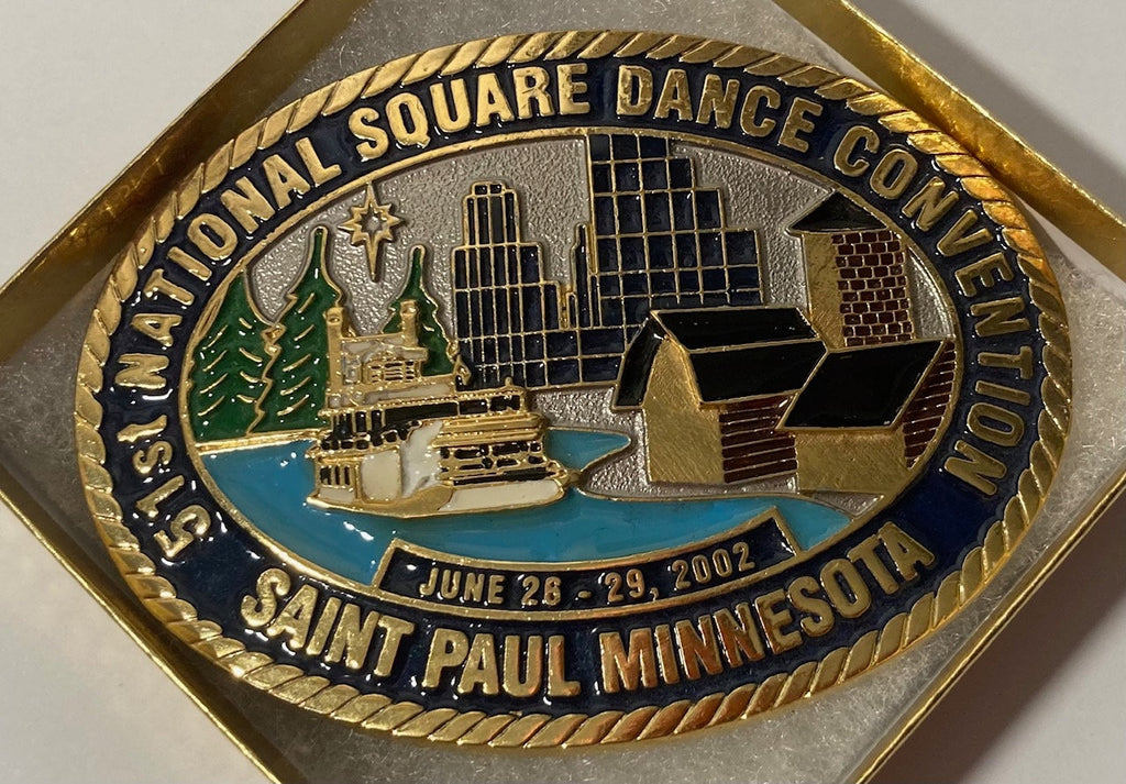 Vintage 2002 Metal Belt Buckle, 51st National Square Dance Convention, Saint Paul, Minnesota, Nice Western Design, 4" x 2 3/4", Heavy Duty