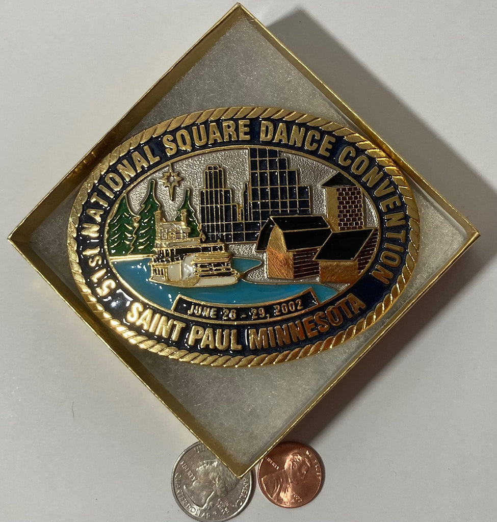 Vintage 2002 Metal Belt Buckle, 51st National Square Dance Convention, Saint Paul, Minnesota, Nice Western Design, 4" x 2 3/4", Heavy Duty