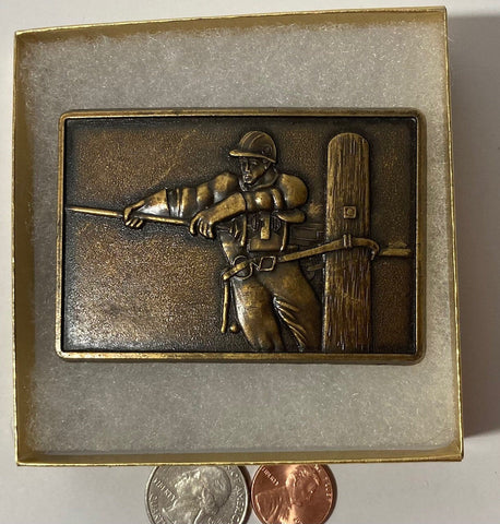 Vintage Metal Belt Buckle, Brass, Linesman, Telephone Poles, Utilities, Nice Western Design, 3" x 2", Heavy Duty, Quality