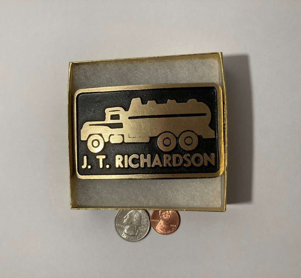 Vintage Metal Belt Buckle, Brass, Oil Tanker Truck, Delivery, Nice Design, 3 1/2" x 2 1/4", Heavy Duty, Quality, Thick Metal