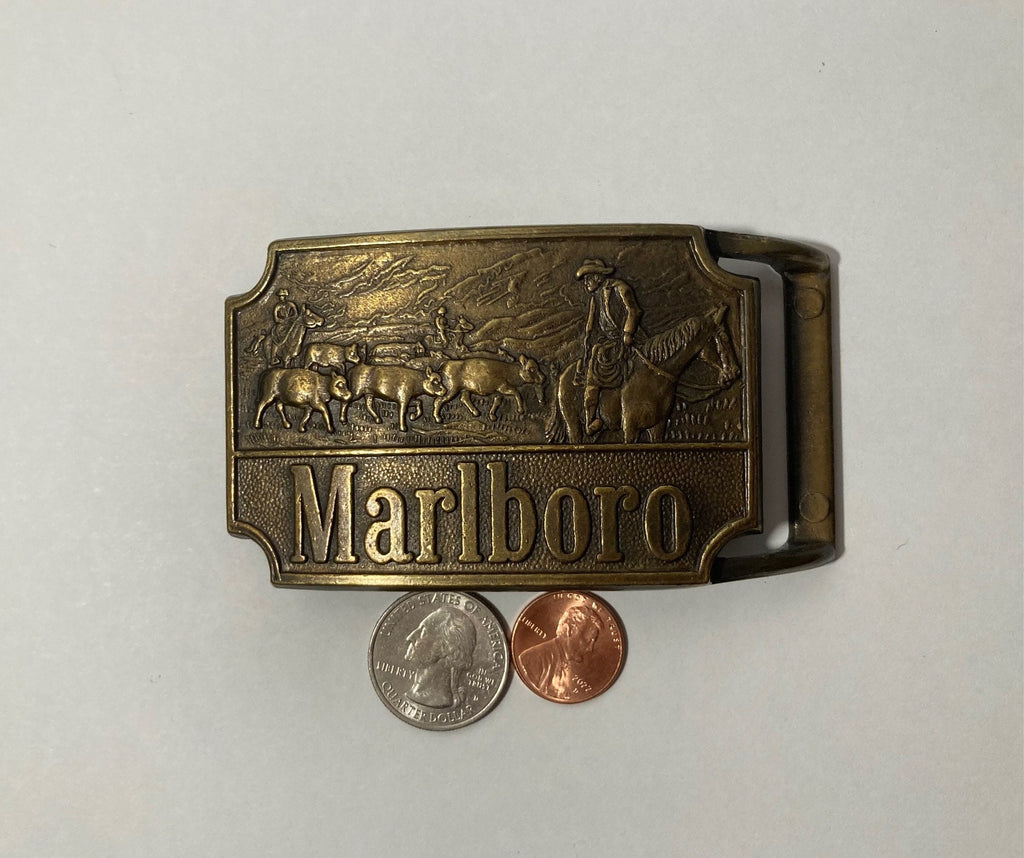 Vintage Metal Belt Buckle, Brass, Marlboro, Cigarettes, Cowboy on Horse, Cattle Herding, Nice Design, 3 1/4" x 2 1/4", Heavy Duty, Quality