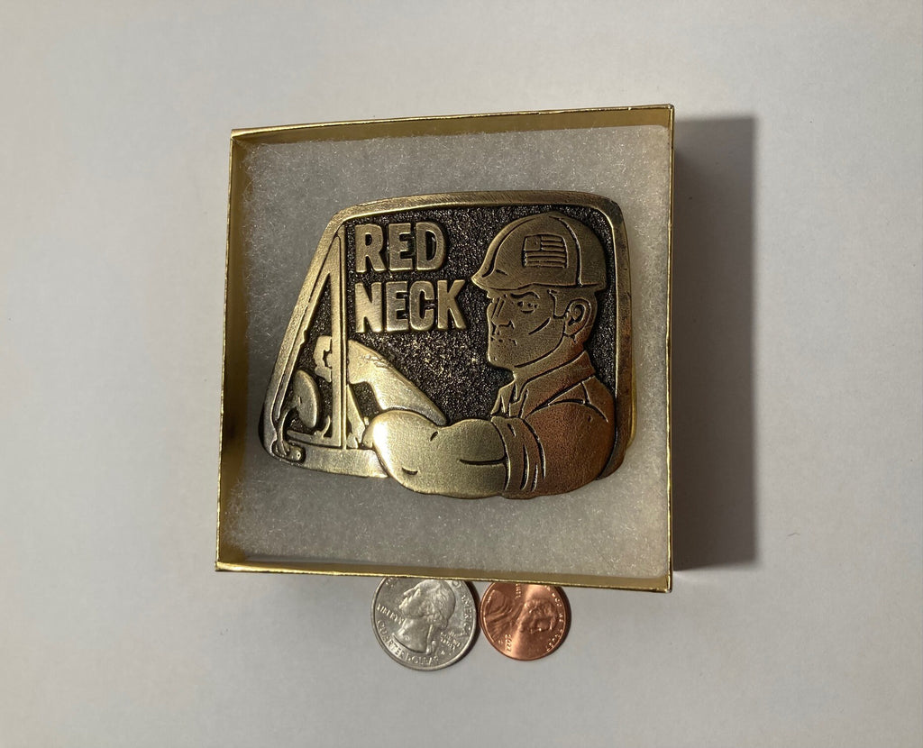 Vintage 1979 Metal Belt Buckle, Red Neck, Redneck, Hardhat, Nice Design, 3" x 2 1/2", Heavy Duty, Quality, Thick Metal, Made in USA