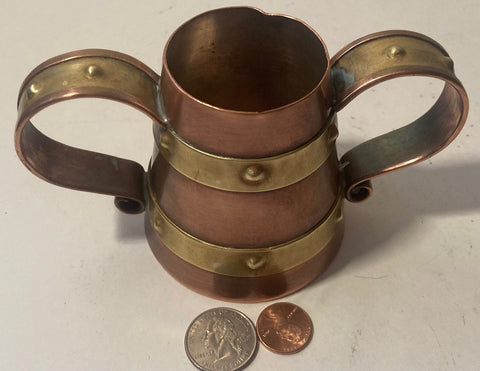 Vintage Metal Copper and Brass Bands Pitcher Cup, 6" x 3 1/4", Kitchen Decor, Table Display, Shelf Display, This Can Be Shined Up Even More