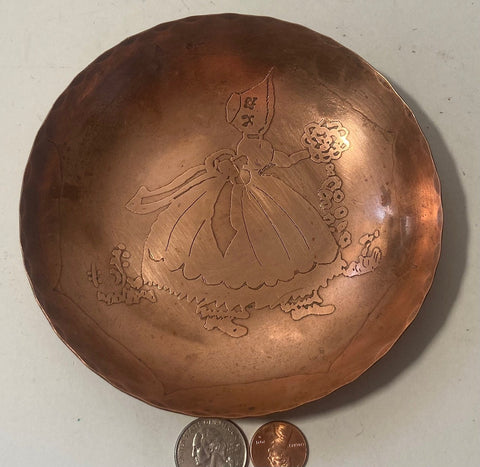 Vintage Metal Copper Tray, Dish, Wallet and Keys Holder, Spare Change, Etched Lady Design, 5 1/2" x 1", Kitchen Decor, Table Display