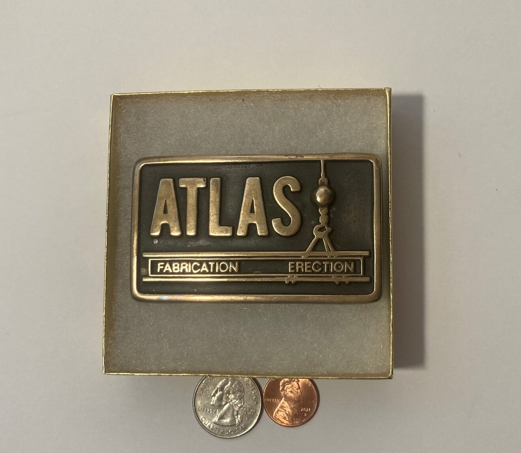 Vintage 1981 Metal Belt Buckle, Brass, Atlas Fabrication, Erection, Crane, Nice Design, 3 1/4" x 2", Heavy Duty, Quality, Thick Metal