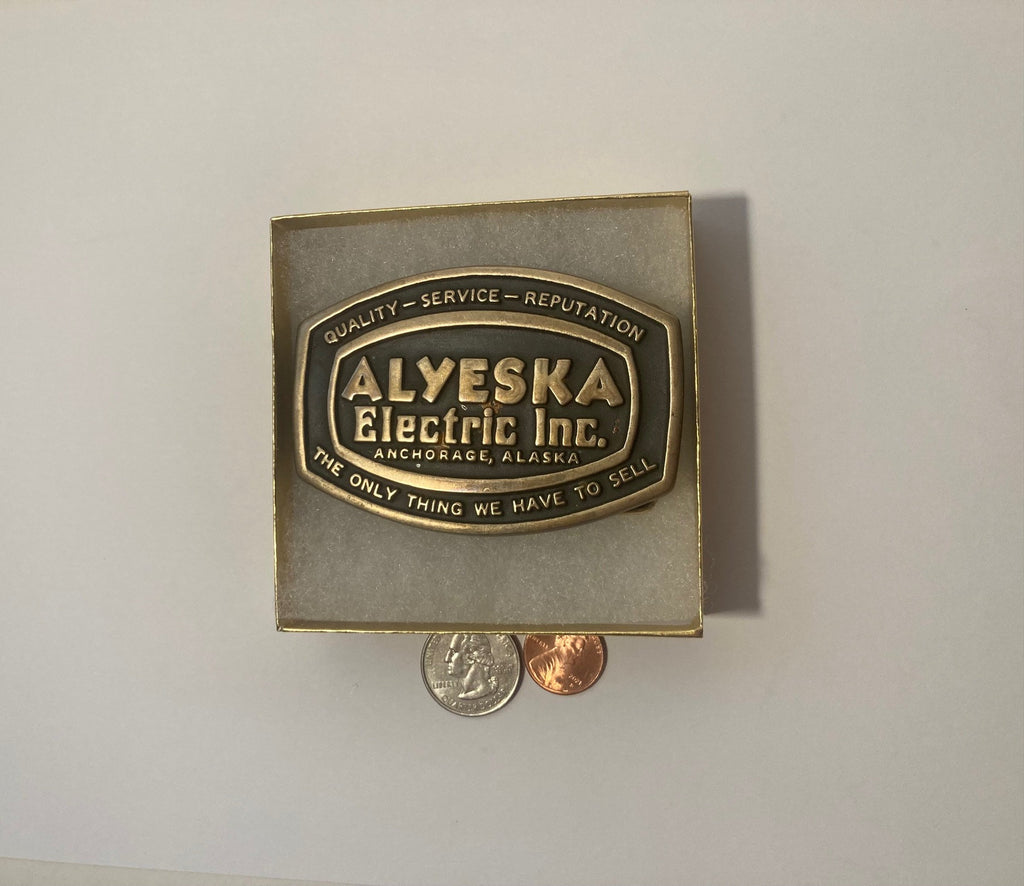 Vintage 1984 Metal Belt Buckle, Brass, Alyeska Electric Inc, Anchorage Alaska, The Only Thing We Have For Sale, Nice Design