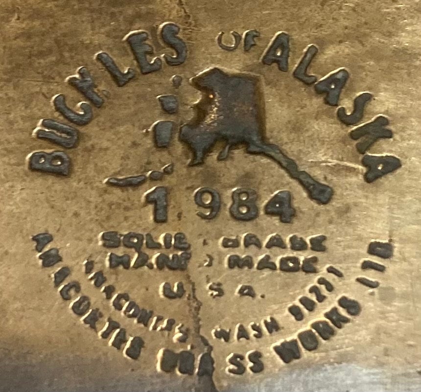 Vintage 1984 Metal Belt Buckle, Brass, Alyeska Electric Inc, Anchorage Alaska, The Only Thing We Have For Sale, Nice Design