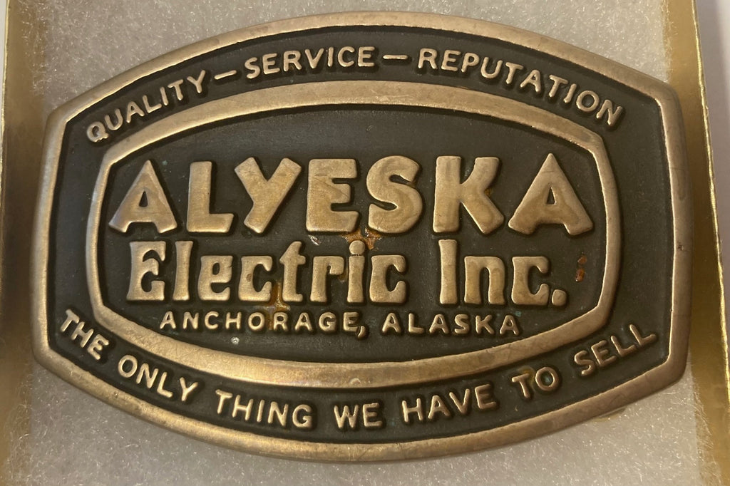 Vintage 1984 Metal Belt Buckle, Brass, Alyeska Electric Inc, Anchorage Alaska, The Only Thing We Have For Sale, Nice Design