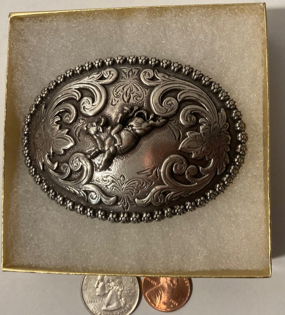 Vintage Metal Belt Buckle, Nocona, Bull Riding, Rodeo, Cowboy, Nice Design, 3" x 2 1/4", Heavy Duty, Quality, Made in USA, Thick Metal