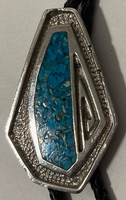 Vintage Metal Bolo Tie, Nice Silver and Crushed Blue Turquoise Stone Design, Nice Western Design, 2 1/4" x 1 1/4", Quality, Heavy Duty
