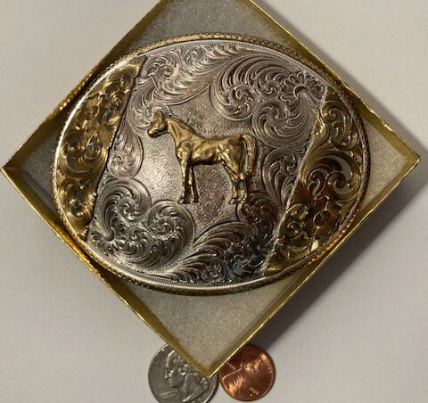 Vintage Metal Belt Buckle, Silver and Brass, Nice Horse Design, Montana Silversmiths, Nice Design, 4" x 3", Heavy Duty, Quality, Thick Metal