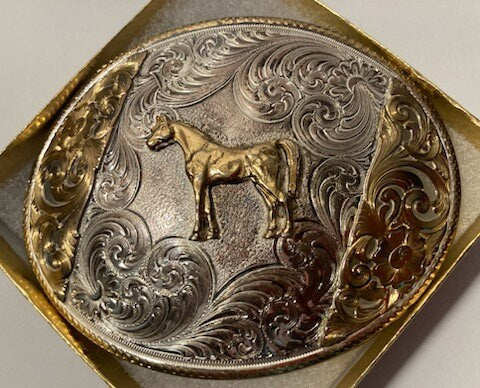 Vintage Metal Belt Buckle, Silver and Brass, Nice Horse Design, Montana Silversmiths, Nice Design, 4" x 3", Heavy Duty, Quality, Thick Metal