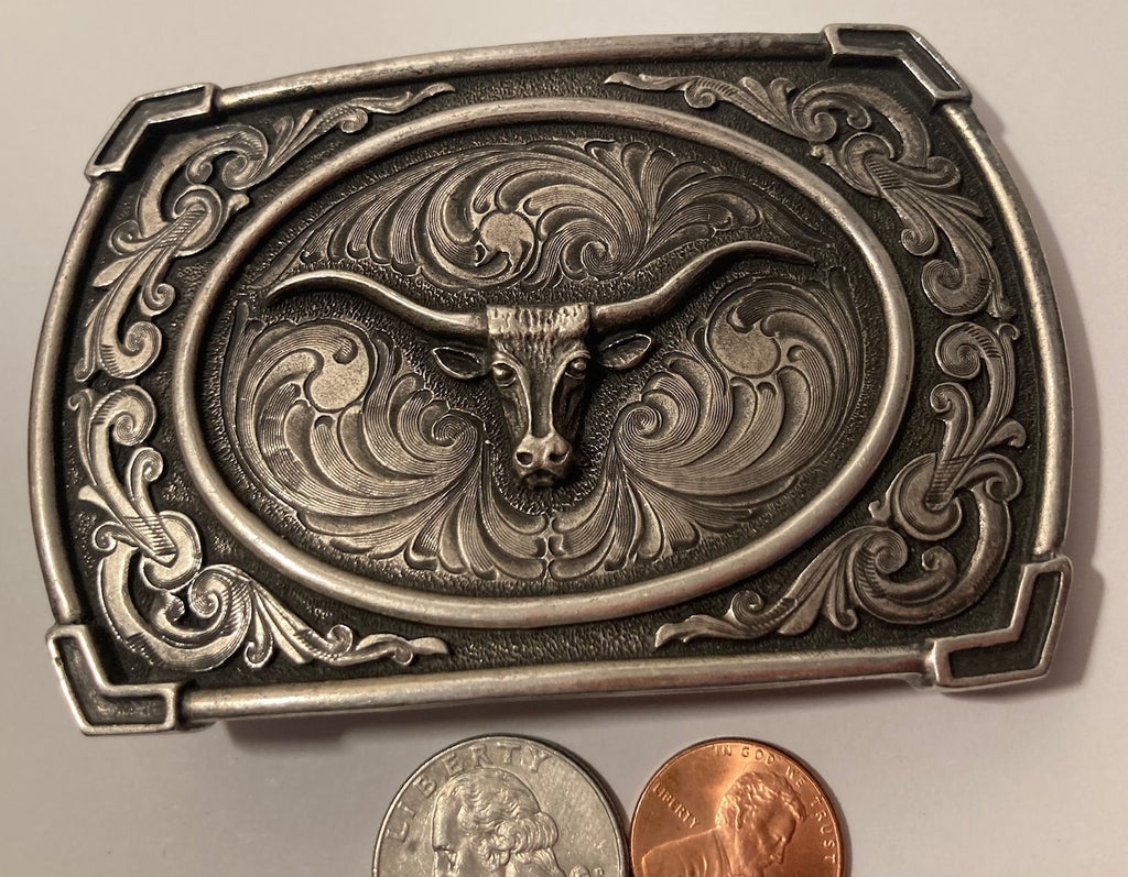 Vintage Metal Belt Buckle, Montana Silversmiths, Longhorn, Bull, Nice Design, 4" x 2 1/2", Heavy Duty, Quality, Thick Metal, Made in USA