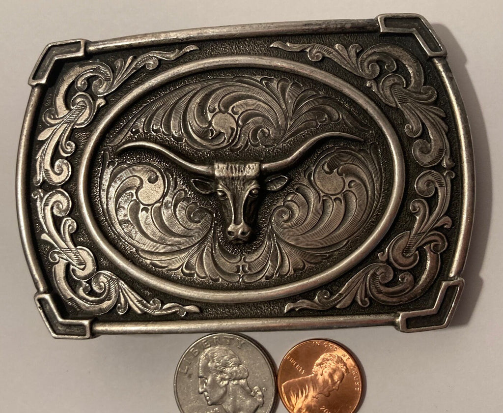 Vintage Metal Belt Buckle, Montana Silversmiths, Longhorn, Bull, Nice Design, 4" x 2 1/2", Heavy Duty, Quality, Thick Metal, Made in USA
