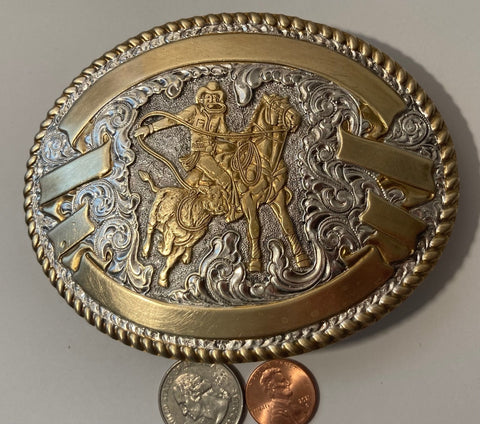 Vintage Metal Belt Buckle, Silver and Brass, Calf Roping, Cow Roping, Nice Western Design, Big Size, 4 1/2" x 3 1/2", Heavy Duty, Quality