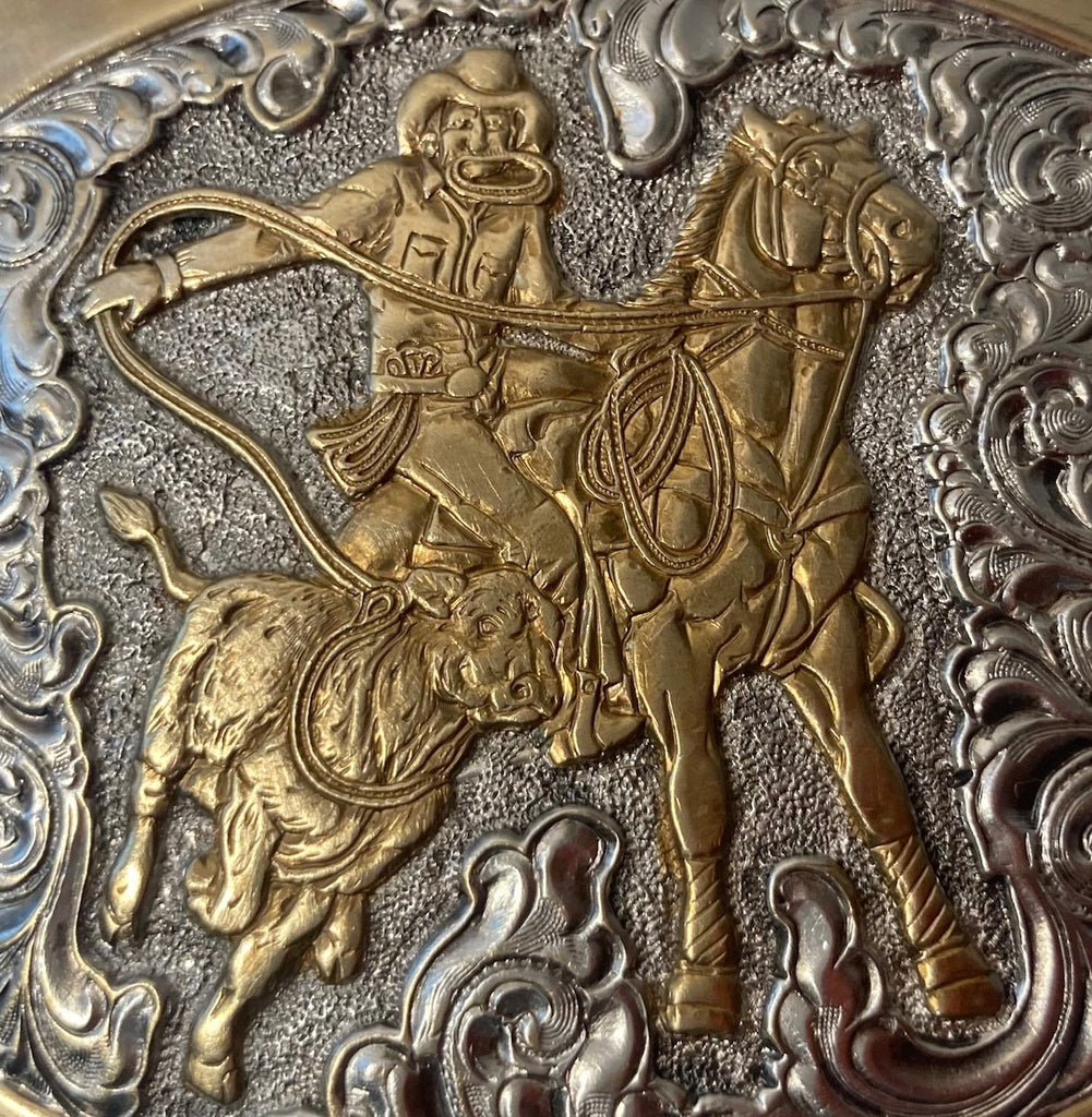 Vintage Metal Belt Buckle, Silver and Brass, Calf Roping, Cow Roping, Nice Western Design, Big Size, 4 1/2" x 3 1/2", Heavy Duty, Quality