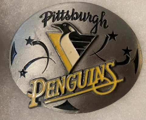 Vintage Metal Belt Buckle, Pittsburgh Penguins, NHL, Hockey, Ice Skating, Nice Design, 3" x 2 1/4", Heavy Duty, Quality, Thick Metal