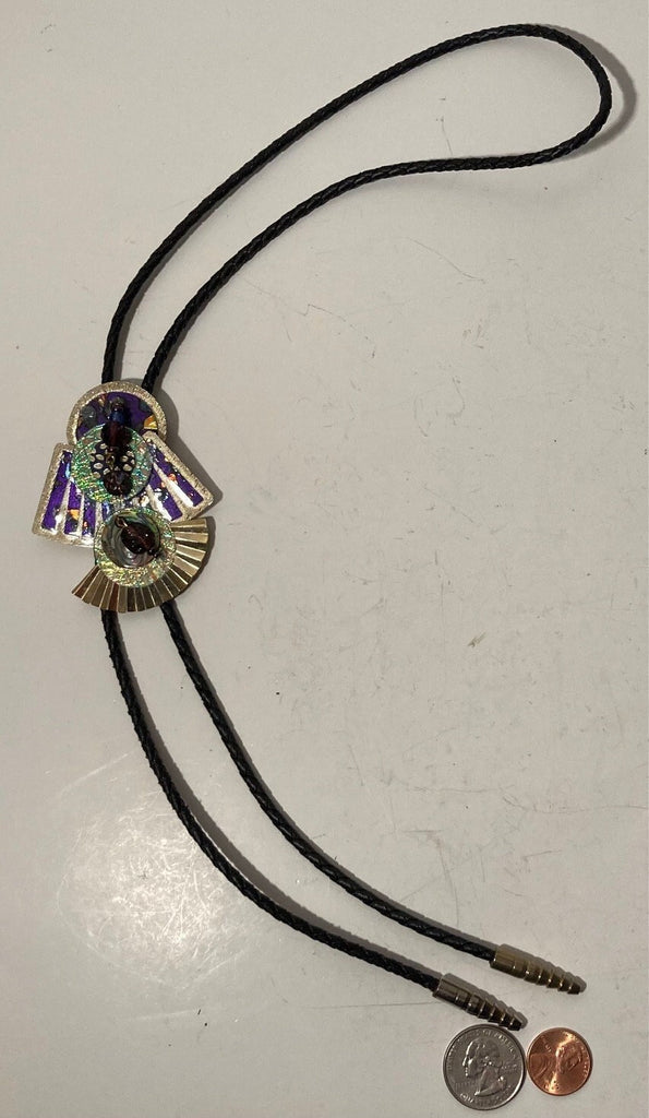 Vintage Metal Bolo Tie, Nice Purple and Green Sparkly Design, Nice Western Design, 3" x 2 1/4", Quality, Heavy Duty, Country & Western,