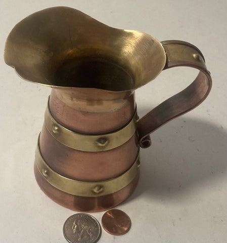 Vintage Metal Copper and Brass Bands Serving Pitcher Cup, 4 1/2" x 4 1/4", Kitchen Decor, Table Display, Shelf Display