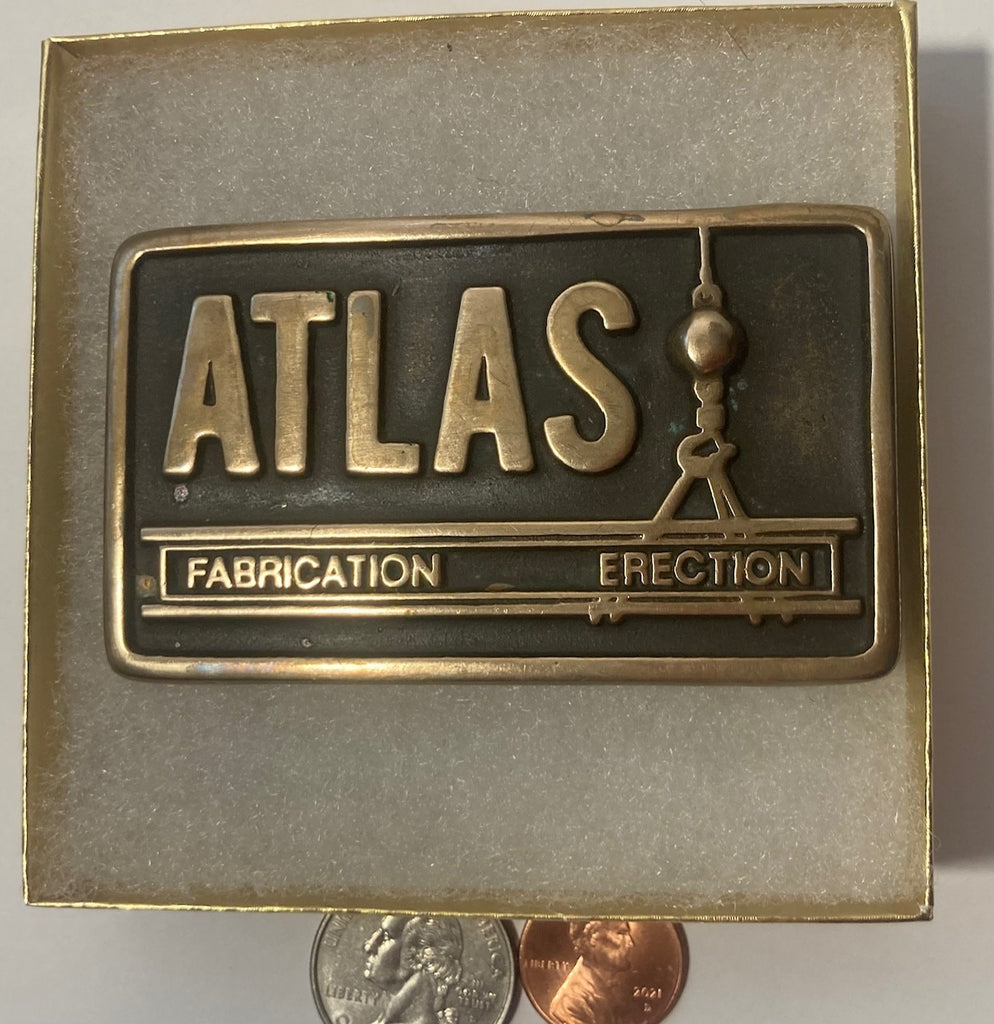 Vintage 1981 Metal Belt Buckle, Brass, Atlas Fabrication, Erection, Crane, Nice Design, 3 1/4" x 2", Heavy Duty, Quality, Thick Metal