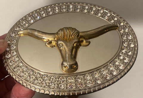 Vintage Metal Belt Buckle, Nice Big Longhorn, Chrome, Nice Jewel Design, Nice Design, 4 3/4" x 3 1/2", Heavy Duty, Quality, Made in USA