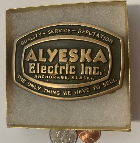 Vintage 1984 Metal Belt Buckle, Brass, Alyeska Electric Inc, Anchorage Alaska, The Only Thing We Have For Sale, Nice Design