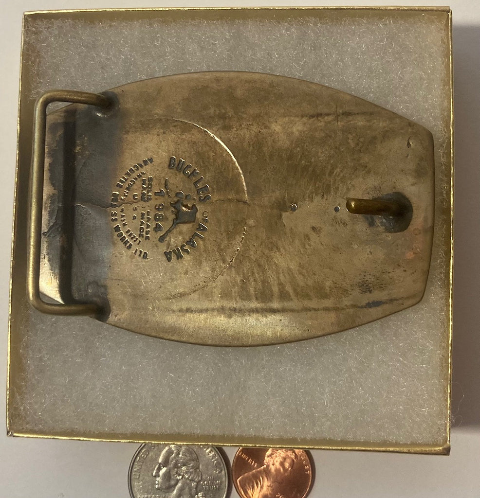 Vintage 1984 Metal Belt Buckle, Brass, Alyeska Electric Inc, Anchorage Alaska, The Only Thing We Have For Sale, Nice Design