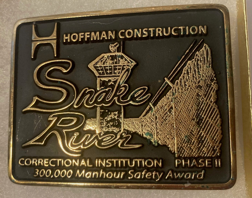 Vintage 1997 Metal Belt Buckle, Brass, Snake River Correctional Institution, Hoffman Construction, Nice Design, 3" x 2 1/4", Heavy Duty