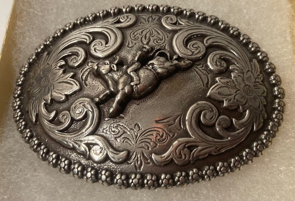 Vintage Metal Belt Buckle, Nocona, Bull Riding, Rodeo, Cowboy, Nice Design, 3" x 2 1/4", Heavy Duty, Quality, Made in USA, Thick Metal