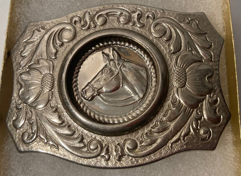 Vintage Metal Belt Buckle, Chrome, Recesses Horse Head Design, Rodeo, Cowboy, Nice Design, 3 1/2" x 2 1/2", Heavy Duty, Quality