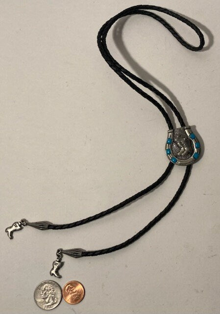 Vintage Metal Bolo Tie, Horseshoe and Cowboy Boots, Nice Blue Accents, Nice Design, Nice Western Design, 1 1/2" x 1 1/4", Quality