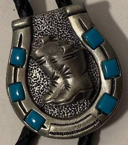 Vintage Metal Bolo Tie, Horseshoe and Cowboy Boots, Nice Blue Accents, Nice Design, Nice Western Design, 1 1/2" x 1 1/4", Quality