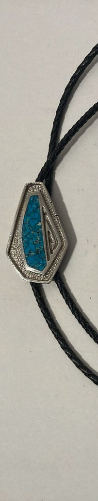 Vintage Metal Bolo Tie, Nice Silver and Crushed Blue Turquoise Stone Design, Nice Western Design, 2 1/4" x 1 1/4", Quality, Heavy Duty