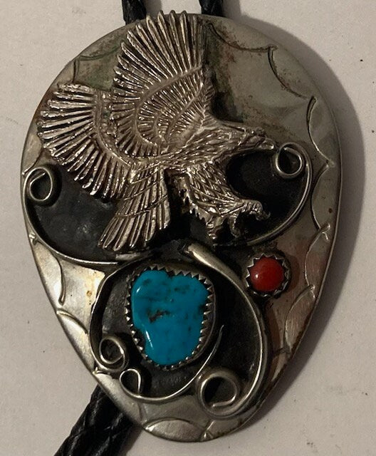 Vintage Metal Bolo Tie, Silver and Turquoise Stones Design, American Bald Eagle, Nature, Wildlife, Nice Western Design, 2 3/4" x 2", Quality
