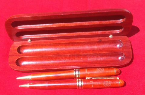 Vintage Wooden Pen Set in Wooden Case, Olympic Symbol and USA engraved on the sides of them, Fancy Wooden Pen Set, Wood Pen Set in Wood Box